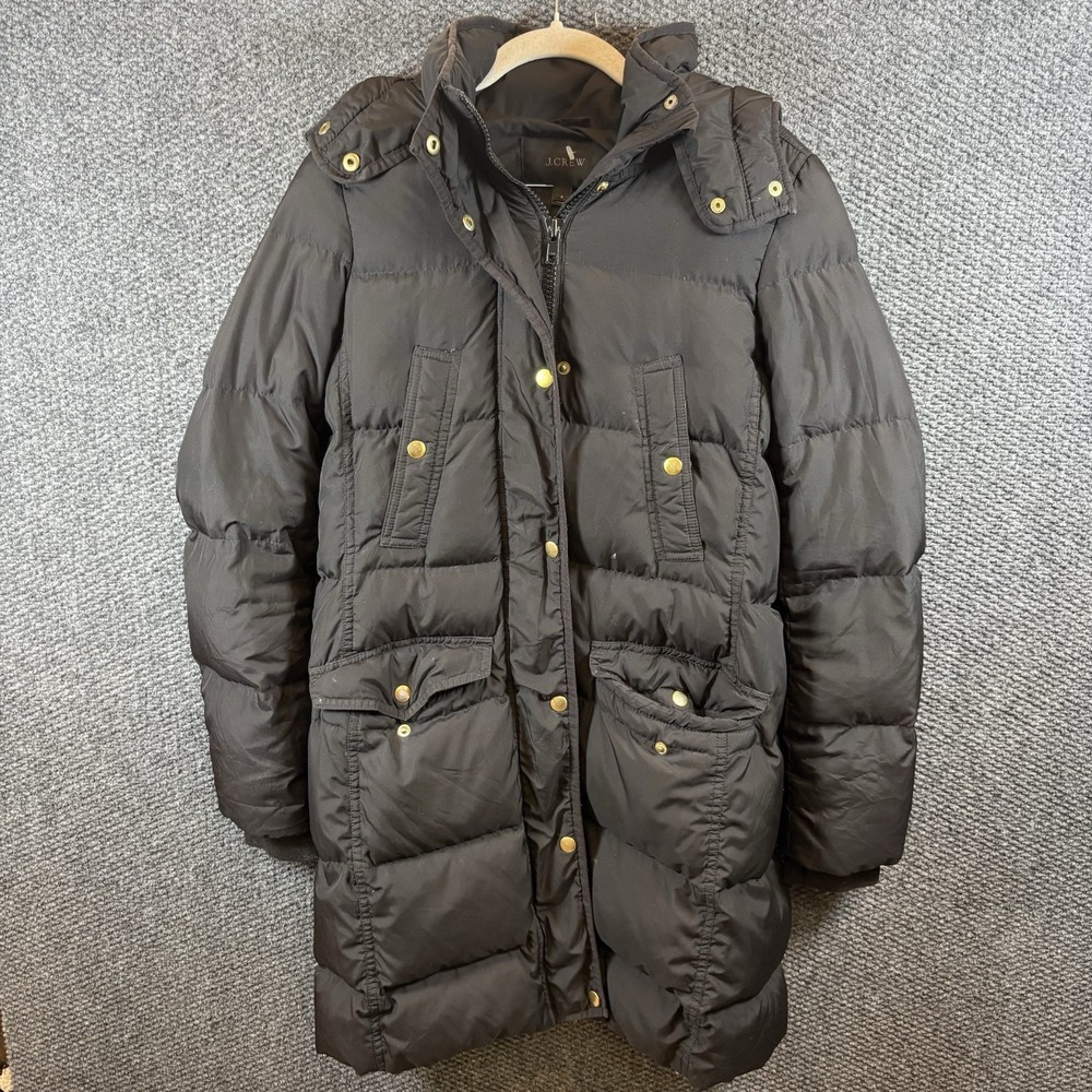 J.Crew Down Puffer Parka Womens Size S Black Hooded Winter‎ Coat Quilted